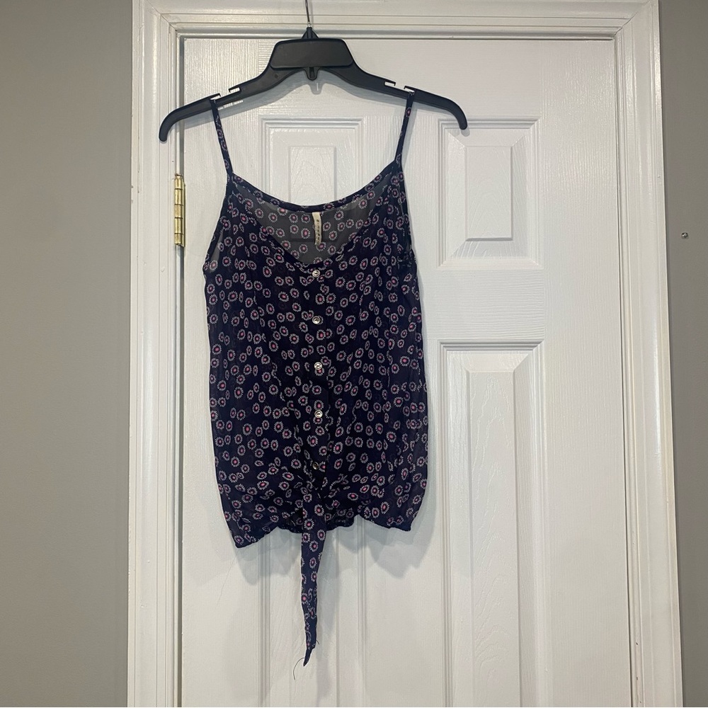 B Jewel Navy Blue Pink Floral Sheer Boho Flowy Pattern Tank Top Front Tie Small